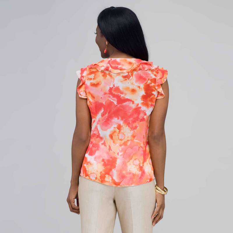 Ruffle Neckline Button Down Blouse, New Coral Multi, large image number 1